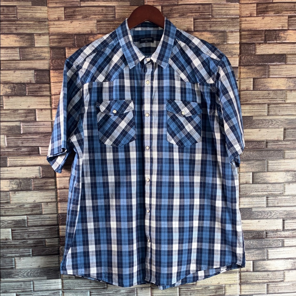 EUC Men's Double Pump 2XL Blue Plaid Pearl Snap Shirt